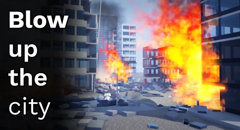 A city street between darkened high-rise buildings after a blast, with broken slabs and rubble across the road, a fire burning on the right behind a streetlight, and no aircraft in the frame